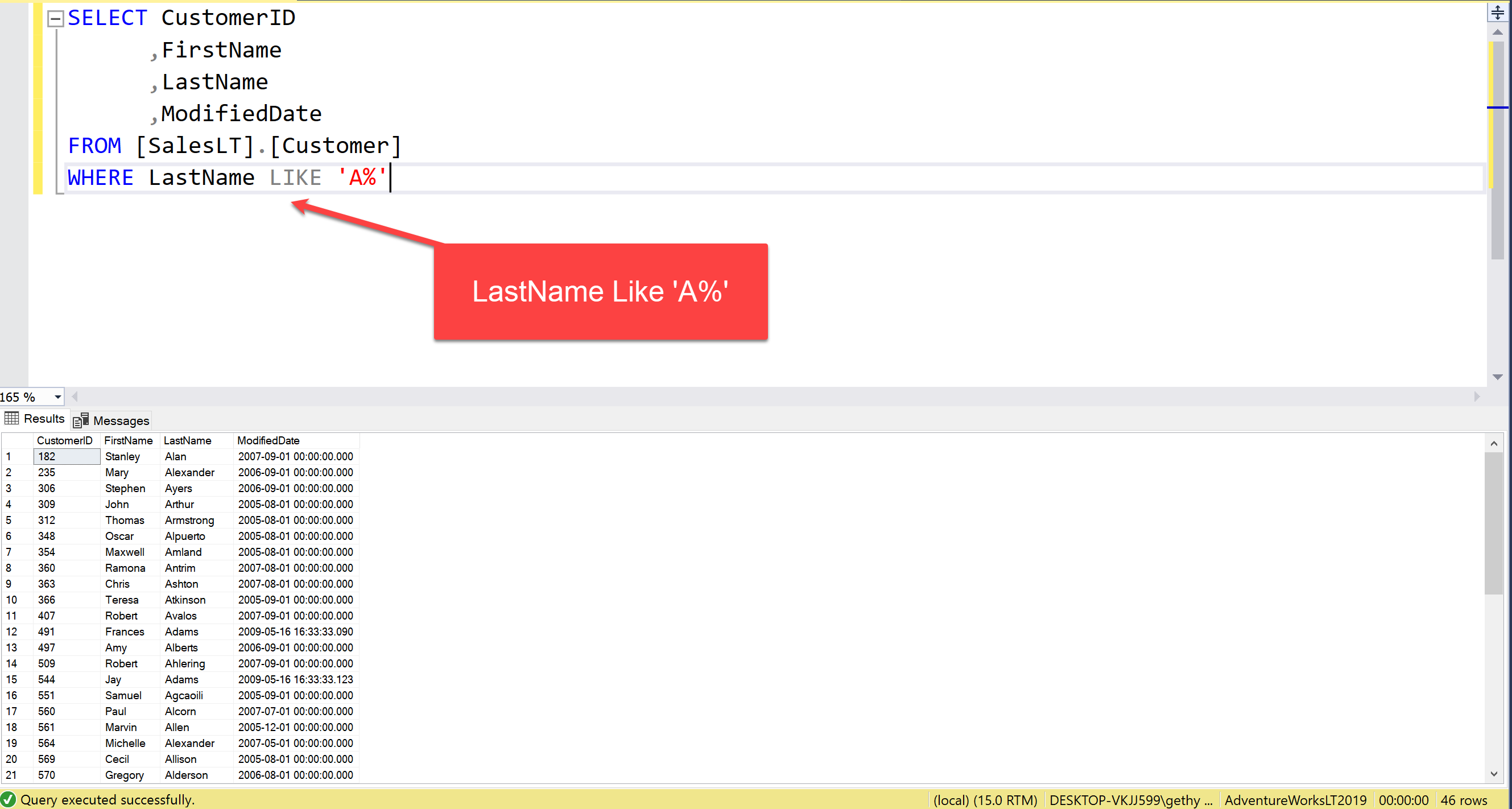 Search for customers whose last name begins with A