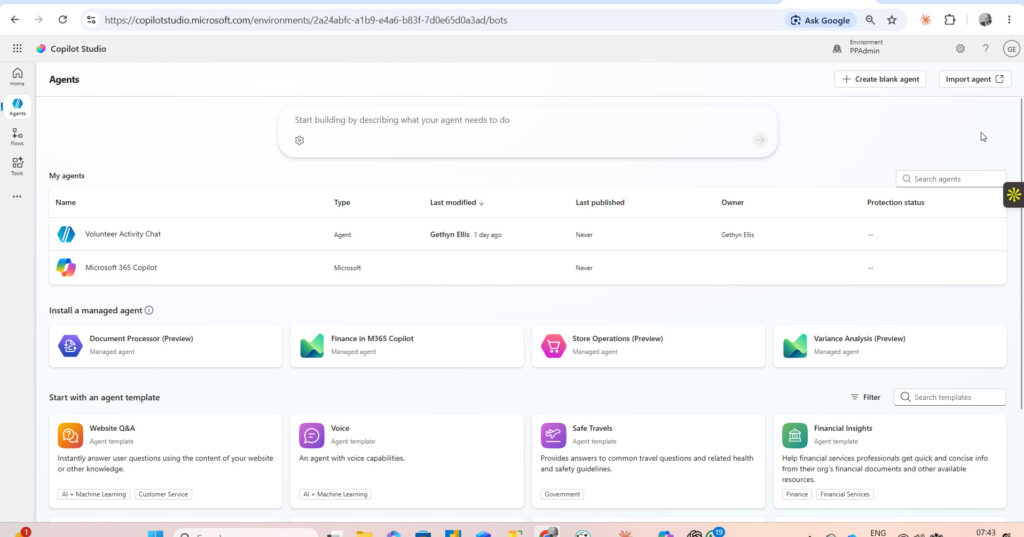 Copilot Studio authoring canvas for building low-code AI agents