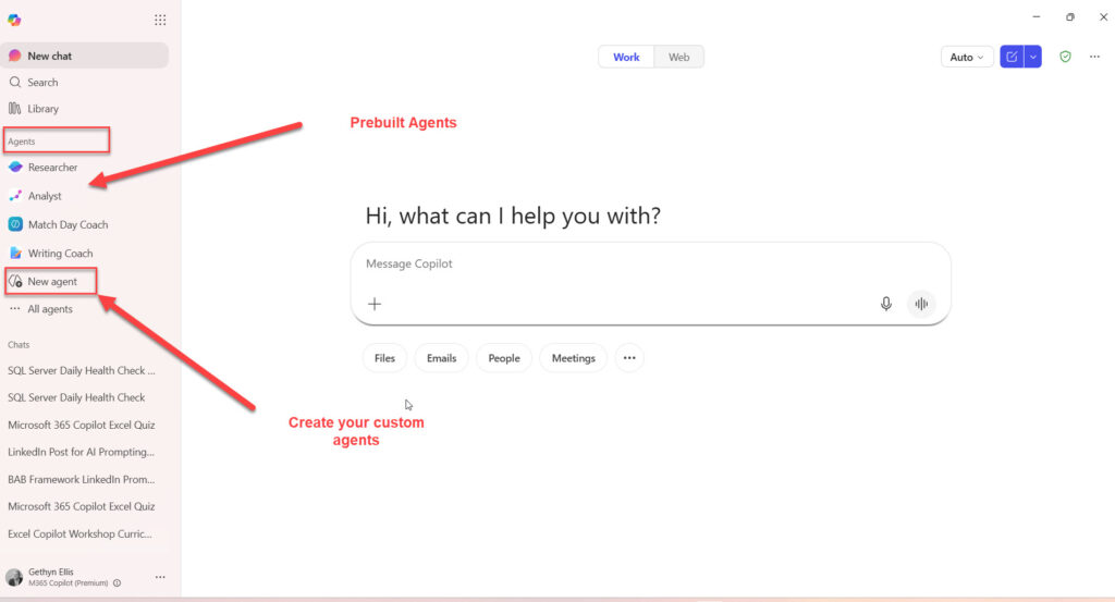 Microsoft 365 Copilot Agent Builder interface for creating declarative agents