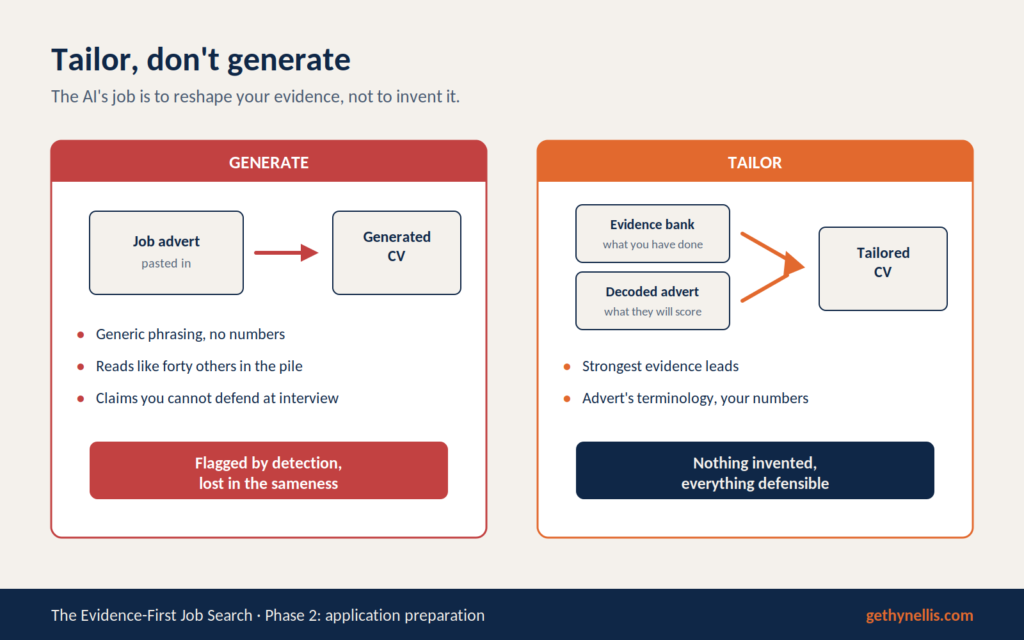 Diagram comparing tailoring a CV with AI from an evidence bank against generating a CV from a pasted job advert
