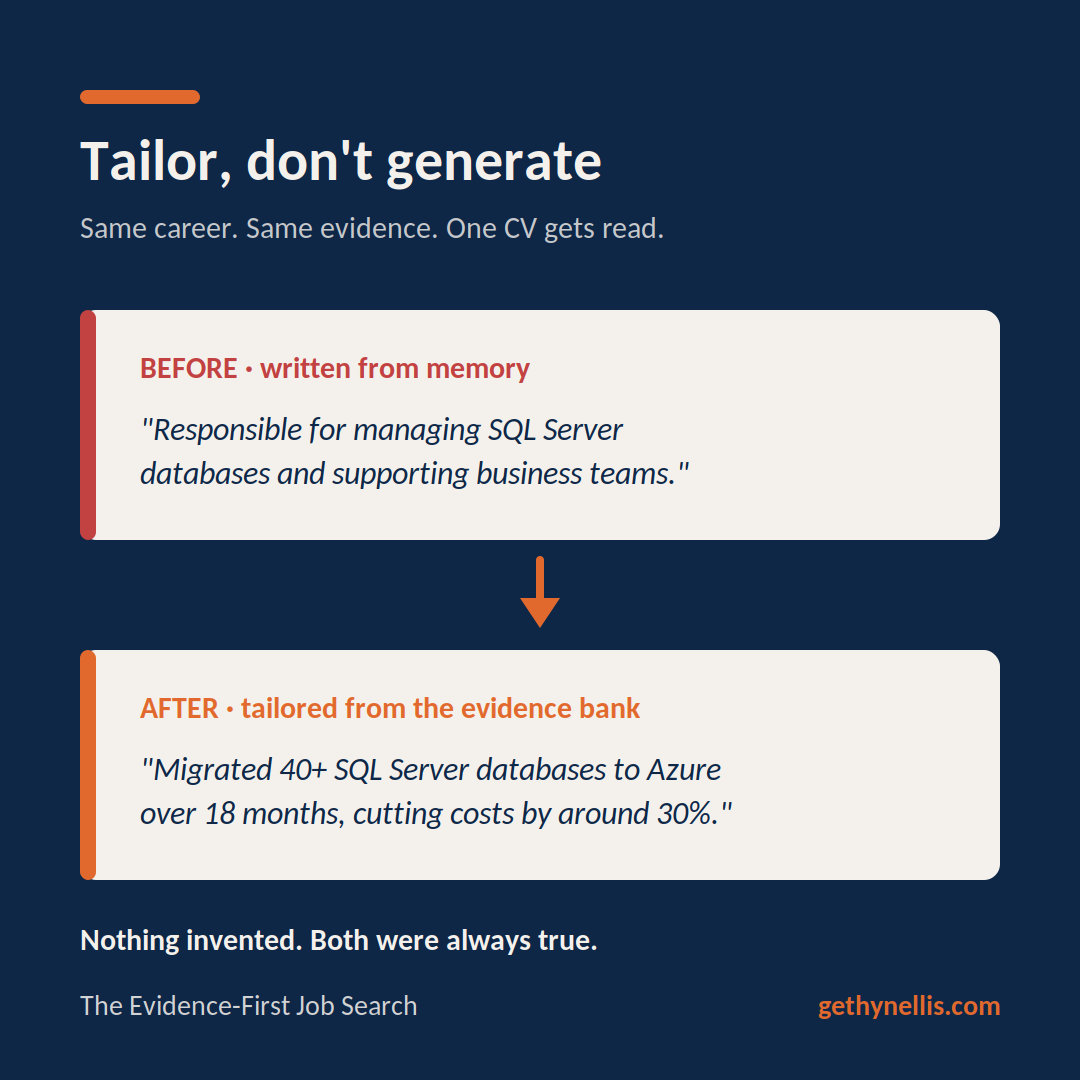 tailor-your-cv-social Before and after example of a CV bullet tailored with AI from real evidence rather than generated from nothing