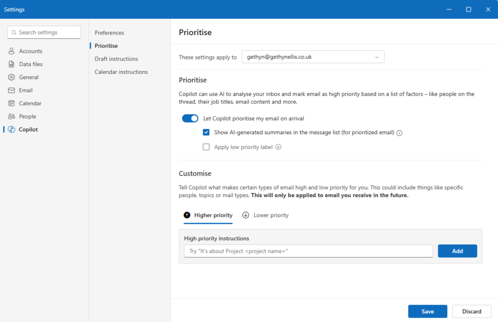 Copilot Outlook Prioirty Settings