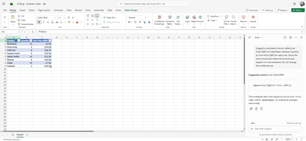 Copilot in Excel suggesting a formula for a calculated column in an Excel table