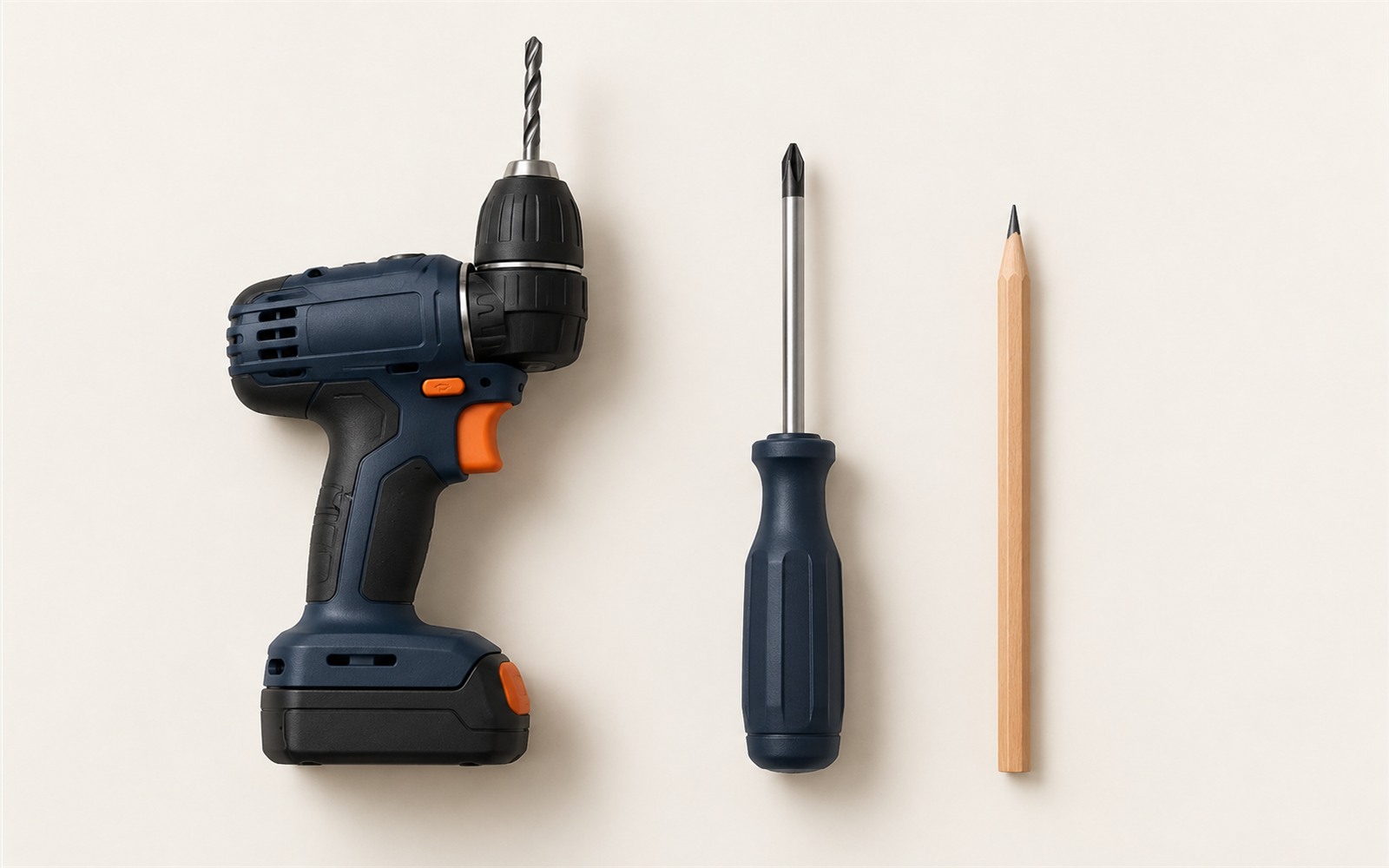 Right_Tool_Hero_1600x1000 Drill, screwdriver and pencil side by side, illustrating choosing the right tool for the job
